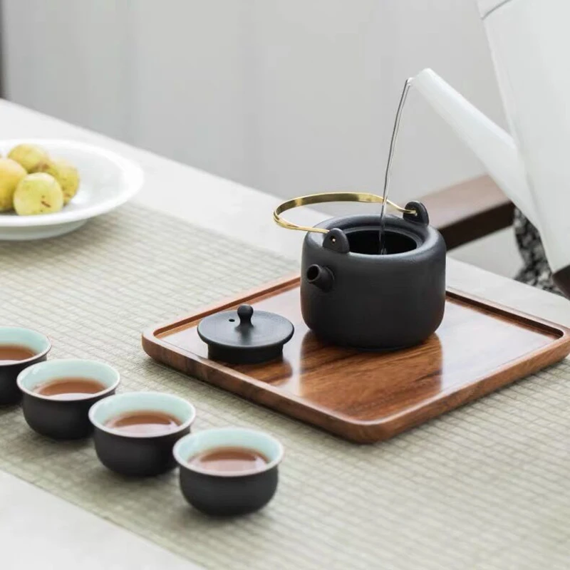 

Japanese Black Pottery Tea Set Household Ceramic Kung Fu Retro Office Teapot Cover Bowl Cup Fire Stove Coffee Filter Tray Teawar