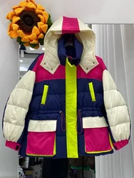 Contrast Color Oversized Down Jacket Winter Korean Chic Leisure Loose Drawstring Waist Thickened 90 White Duck Puffer Coat Women