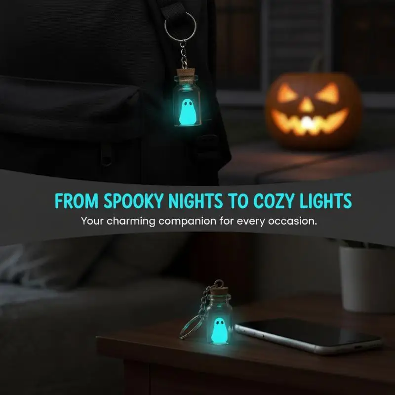 Halloween Glowing Ghost Keychain Tiny Luminous Drifting Bottle Adopt Ghost Key Ring Portable Pendant for Backpack Purse