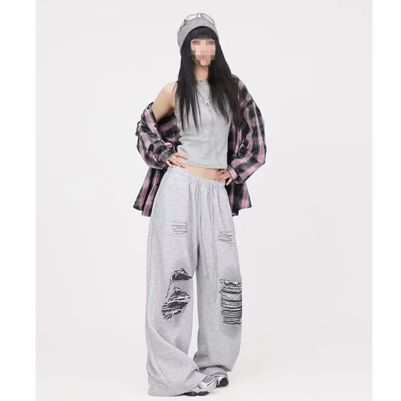 Vintage Ripped Print Hip-hop Pants for Women Korean Style Casual Wide Leg Pants Summer New 2026 Fashion Trousers Streetwear