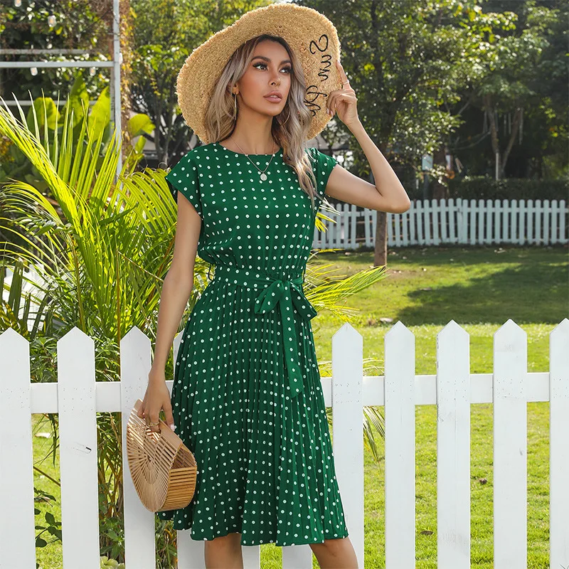 Women's Polka Dot Midi Dress with Cap Sleeves and Pleated A-Line Skirt, tied with a matching belt perfect for a casual summer