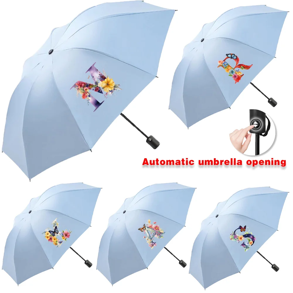 Automatic Umbrella Portable Sunshade Sunscreen Rain Umbrella Blue Handle Foldable Sun Rain Dual Butterfly Letter Series Travel