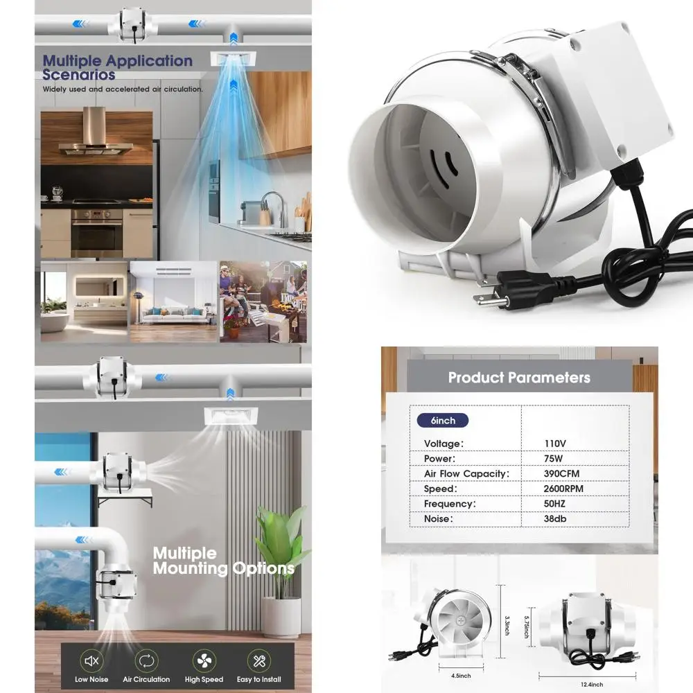 

6 Inline Duct Fan with 390 CFM for Basement, Bathroom, Kitchen, Grow Rooms, Offices, Restaurants & Factories