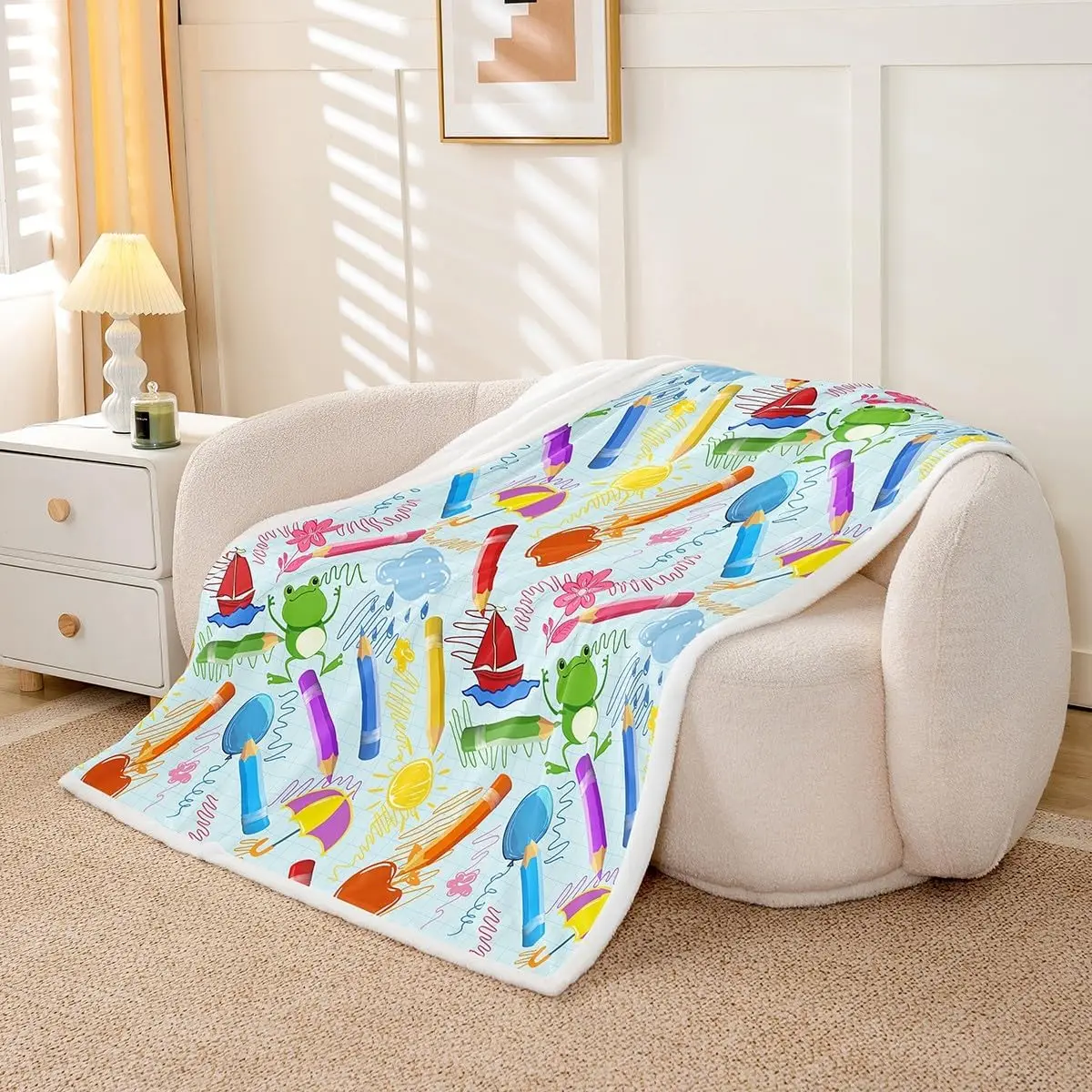 Colorful School Theme Blanket Soft Fleece Throw Kids Room Decor Education Design Frog Pencils Apple Pattern