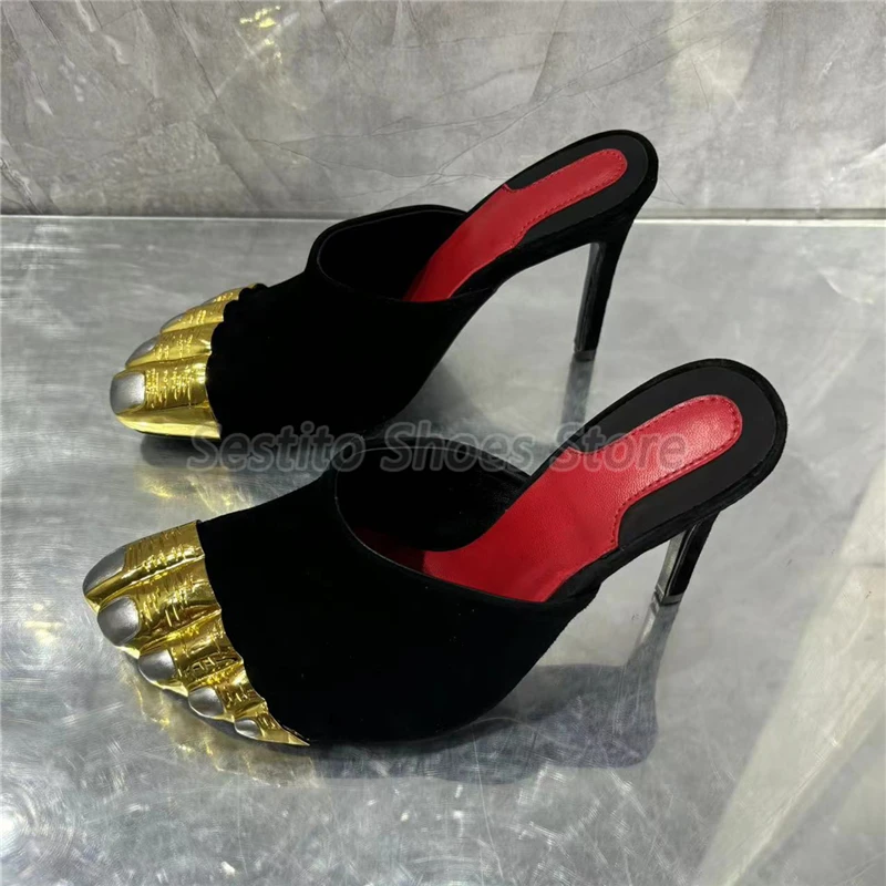 Black Satin Gold Finger Half Slippers for Women Luxury Thin High Heels Fashion Slipper Summer New Party Banquet Stiletto Shoes