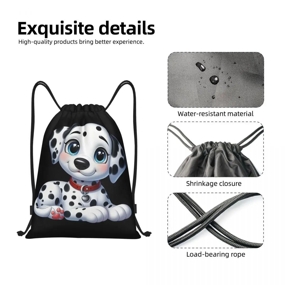 Fondo de corazón de dálmatas personalizado, bolsas con cordón para perro bonito, mochila ligera de almacenamiento para gimnasio y deportes con perro de dibujos animados para hombres y mujeres