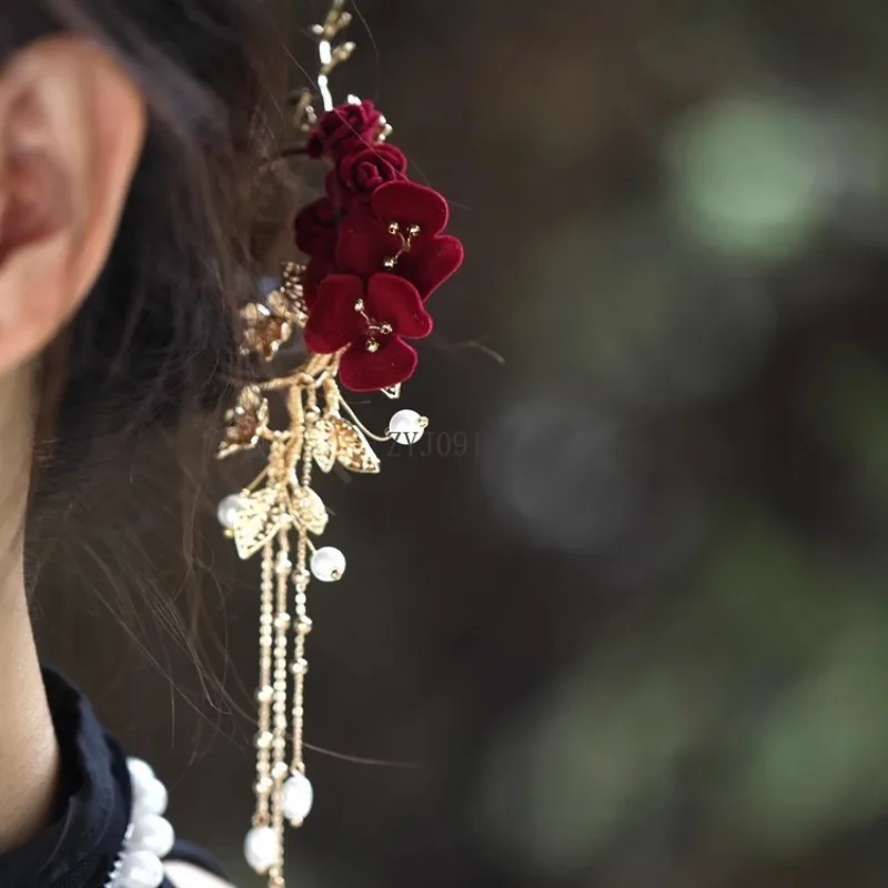 Épingle à cheveux en forme de U, coiffure Xiuhe rouge, épingle à cheveux en forme de disque de mariée classique chinois