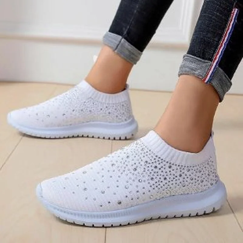 2022 Large Size Rhinestone Elastic Socks Shoes Casual Women\'s Flying Woven Breathable Lightweight Casual Thick-soled Shoes