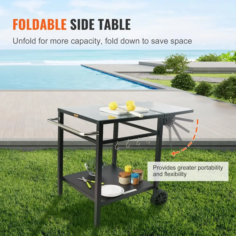 Multifunctional Outdoor Grill Cart Foldable Prep Table BBQ Pizza Oven Stand Double Shelf Storage Mobile Cooking Unit