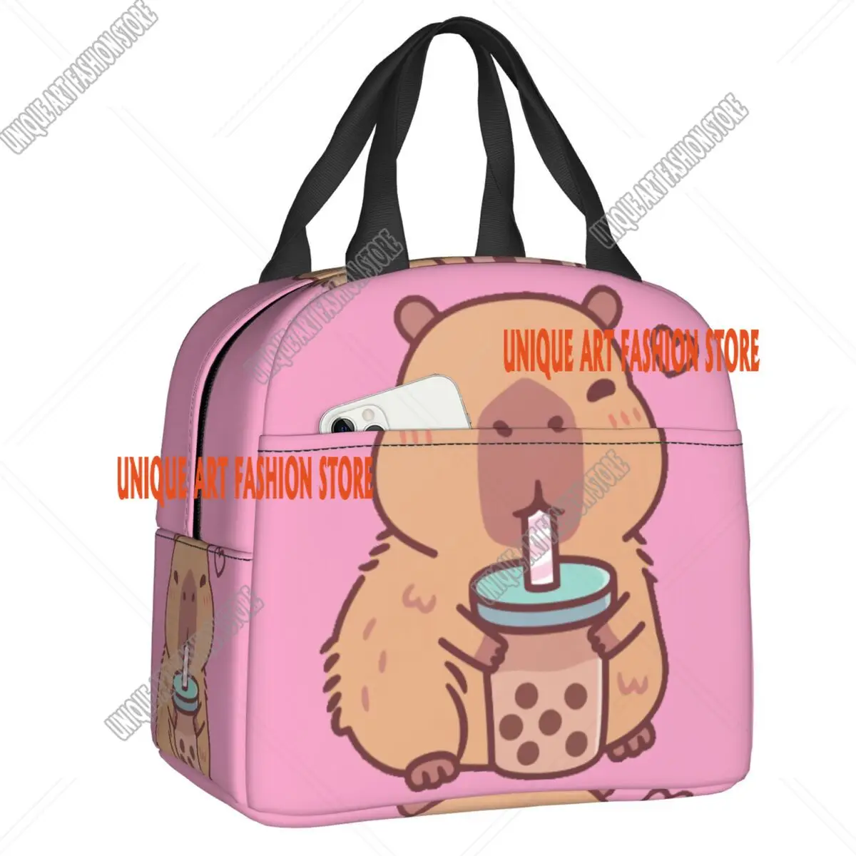 Custom Cute Capybara Loves Drinking Bubble Tea Lunch Bag Women Warm Cooler Insulated Lunch Box for Children School