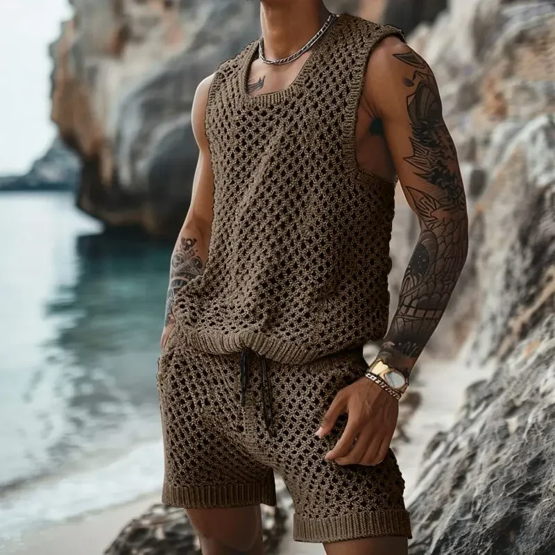 Summer Men Casual Suit Sexy Hollow Sleeveless Tops Shorts 2-piece Set Sweatpants Elastic Waist Shorts Knit Sets Luxury Design