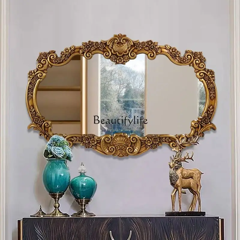 

European retro bathroom mirror, French special-shaped bedroom entrance carved vanity mirror