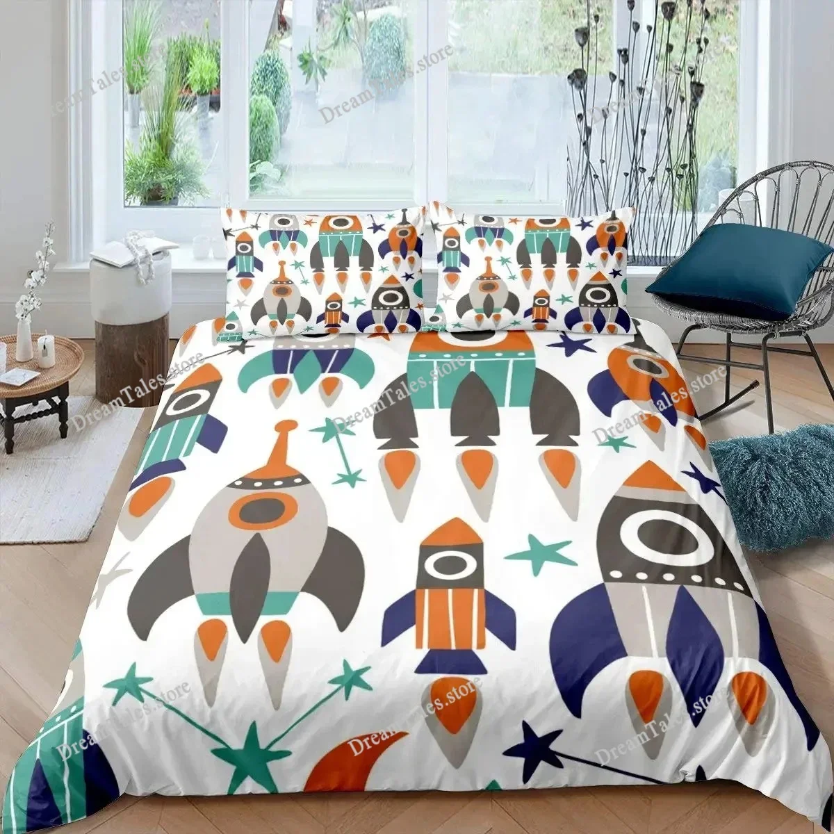 Rocket Duvet Cover Set King Size Spaceship Bedding Set Twin Microfiber Outer Space Galaxy Stars Planet Cartoon Style Quilt Cover