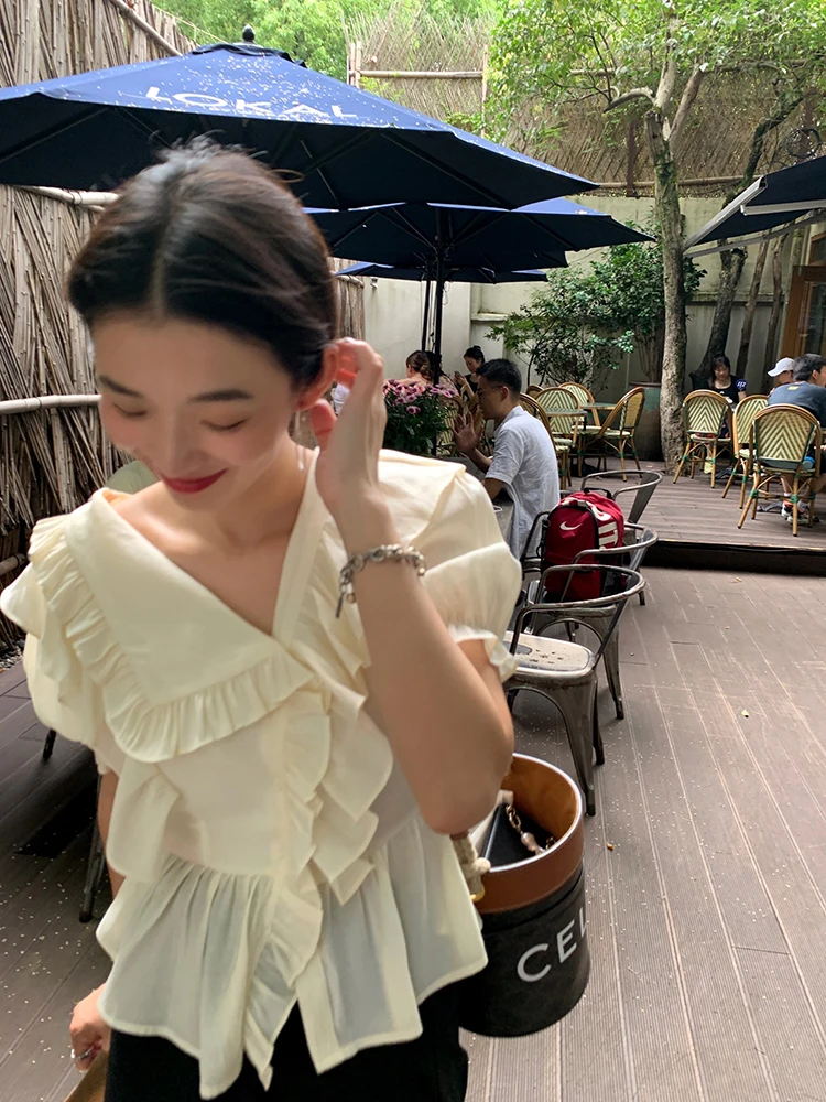 

Elegant Women's Shirt Wooden Design Summer New Fashionable Short Sleeve Cotton Straight Cut Commute Style Pure Color