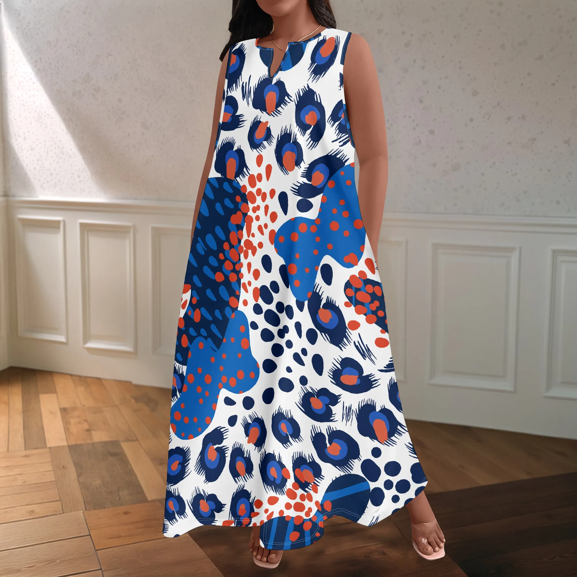 Abito estivo da donna taglie forti stampato stile africano senza maniche con scollo a V rotondo abito ampio e casual