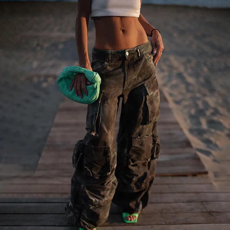 

High Waist Wide Leg Pants Street Sle Tie Dye Camo Multiple kets Personalized Design Casual Trousers for Women