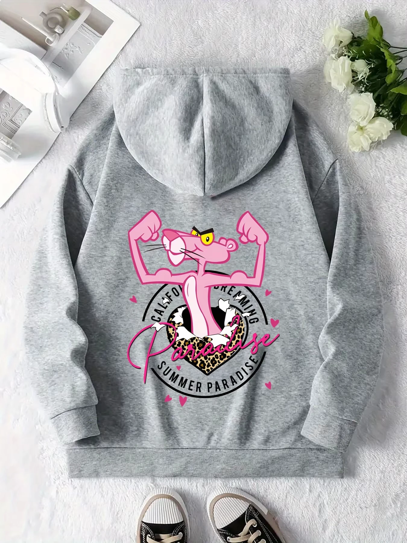 

MINISO Casual Style Pink Panther Fashionable Print Comfortable Loose Women's Sports Hoodie More Suitable for Autumn And Winter