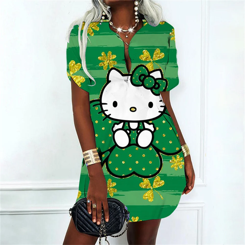 Women\'s Dress Cartoon Hello Kitty Fashion Polo Shirt Kawaii Clothes Lovely Party Dresses Sexy Costume Women Prom Gown Streetwear