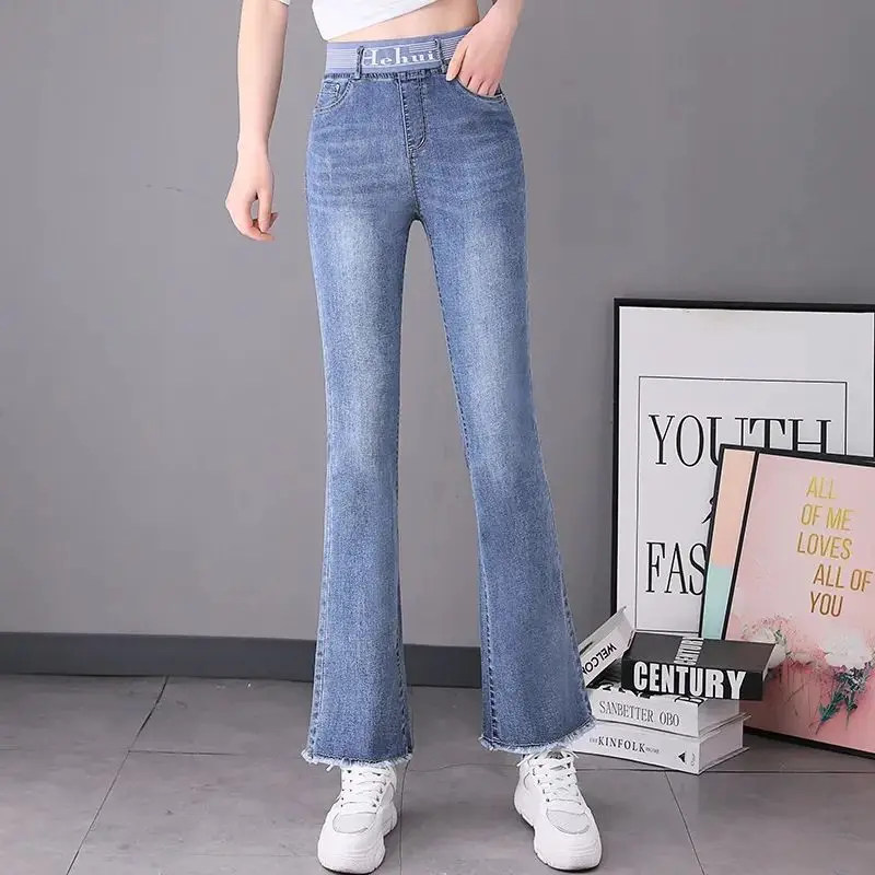 Moda coreana mulher de cintura alta calças jeans primavera verão nova roupa elástico bolsos denim fino sólido casual flare calças 2023