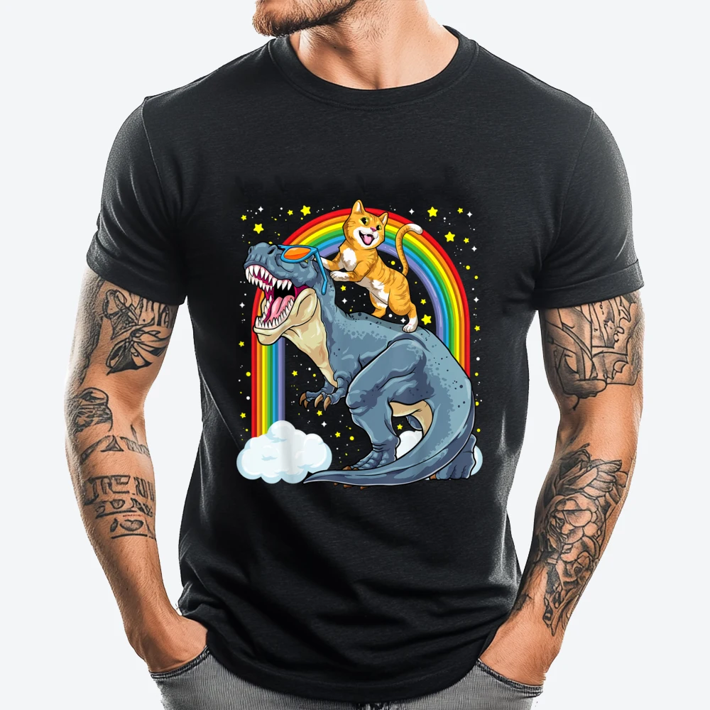 

Cat Riding Dinosaur T Rex Kitten Rainbow Dino Funny Graphic T Shirts Men Cotton Men's Clothing 2025 Big And Tall Classic