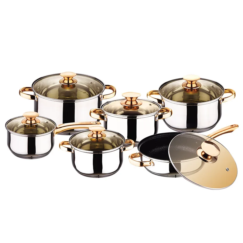 Non Stick 12 Pieces Cooking Pot Set Multi-function Stainless Steel 5 Layer Thick Cookware Set