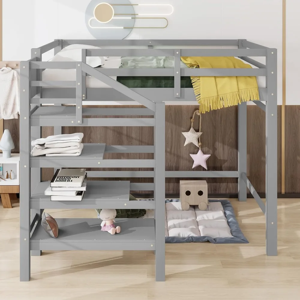 Loft Bed,Full Size Loft Bed with Storage Staircase and Hanger for Clothes, High Loft Bed Frame for Kids Teens Girls Boys Bedroom