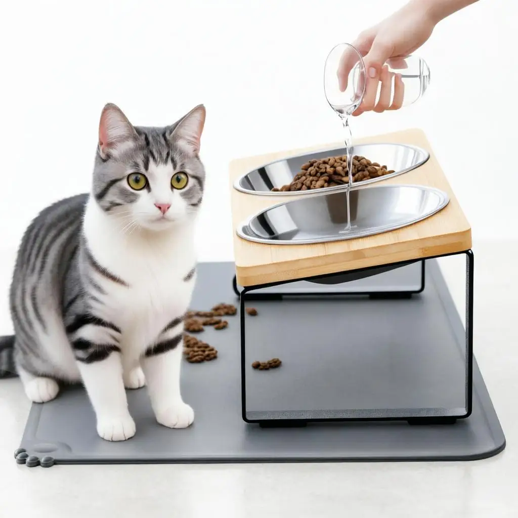 Elevated Cat Bowls with Food Mat 2 Stainless Steel Bowls 15° Tilted Stand Raised Cat Dishes for Food and Water Feeder for Cats