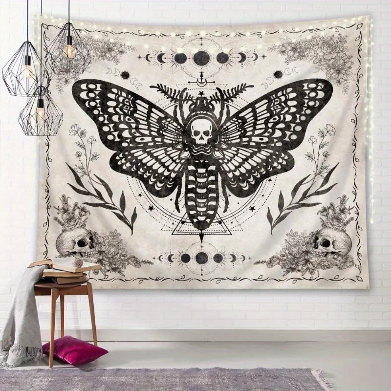 VIKAMA Dunkler Gothic-Totenkopf-Motten-Wandteppich mit Flügeln, Pflanzenschädel und Mond für Wohnzimmer, Wand- und Raumdekoration