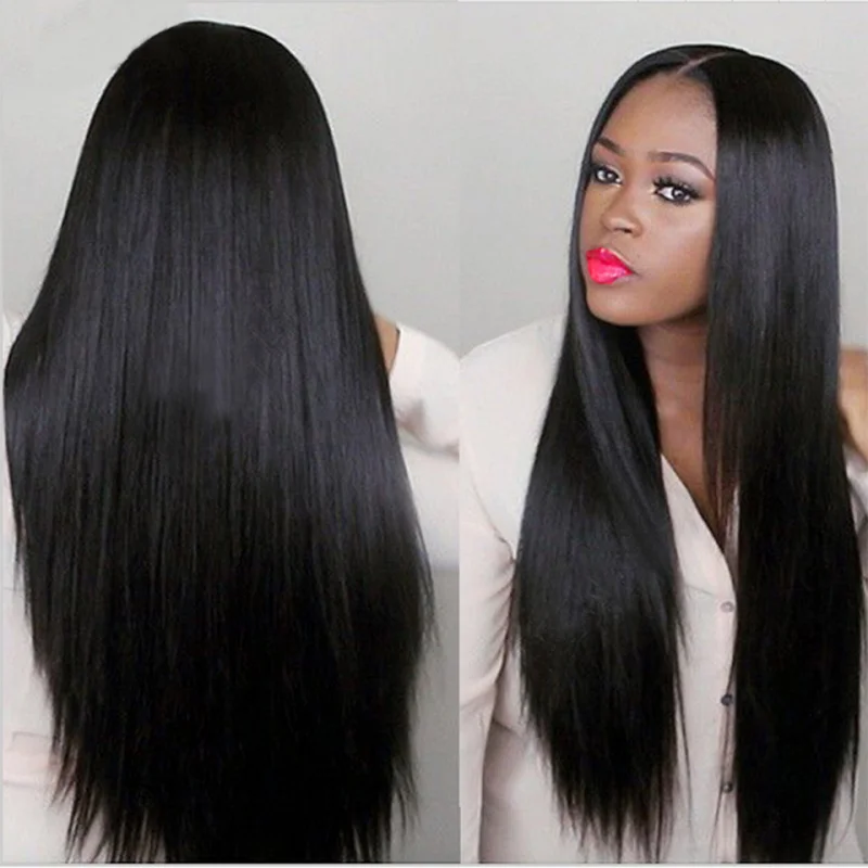 : European and American style women's long straight black with a middle parting, African synthetic fiber wig