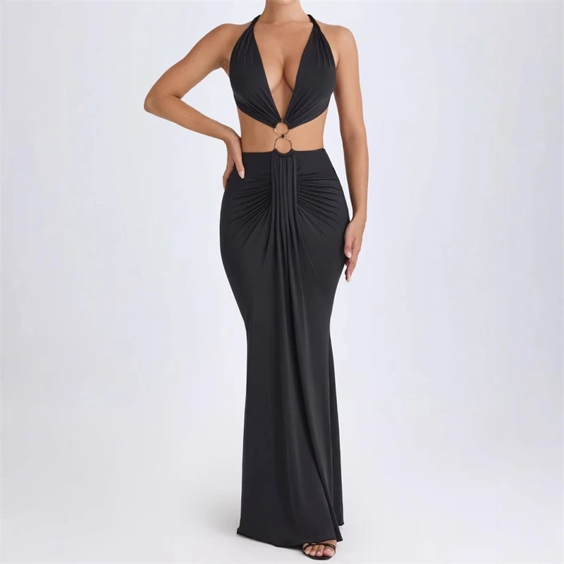 

Autumn European And American Sexy Hollow Lace Up Backless Deep V-dress