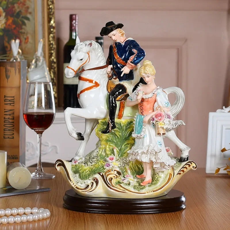 High end European style ceramic character ornaments, luxurious royal horse knights, beautiful women, home furnishings,