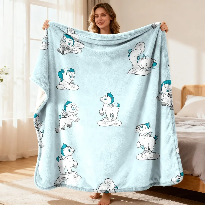 Cute Baby Pegasus Cartoon Throw Blanket,White Winged Horse On Cloud Print Soft Warm Sofa Bed Cover,Light‑blue Home Blanket