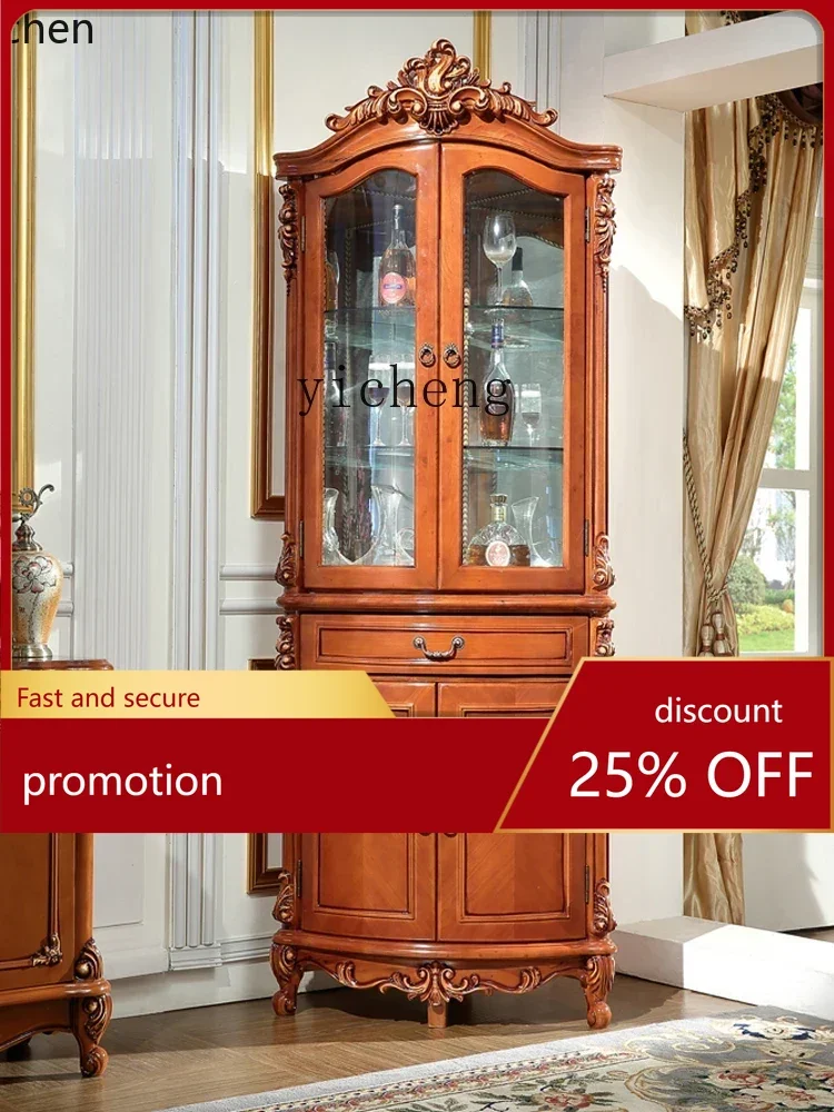 

YFY Solid Wood Living Room Corner Wall Side Triangle Cabinet Vintage Glass Decorative Storage Cabinet