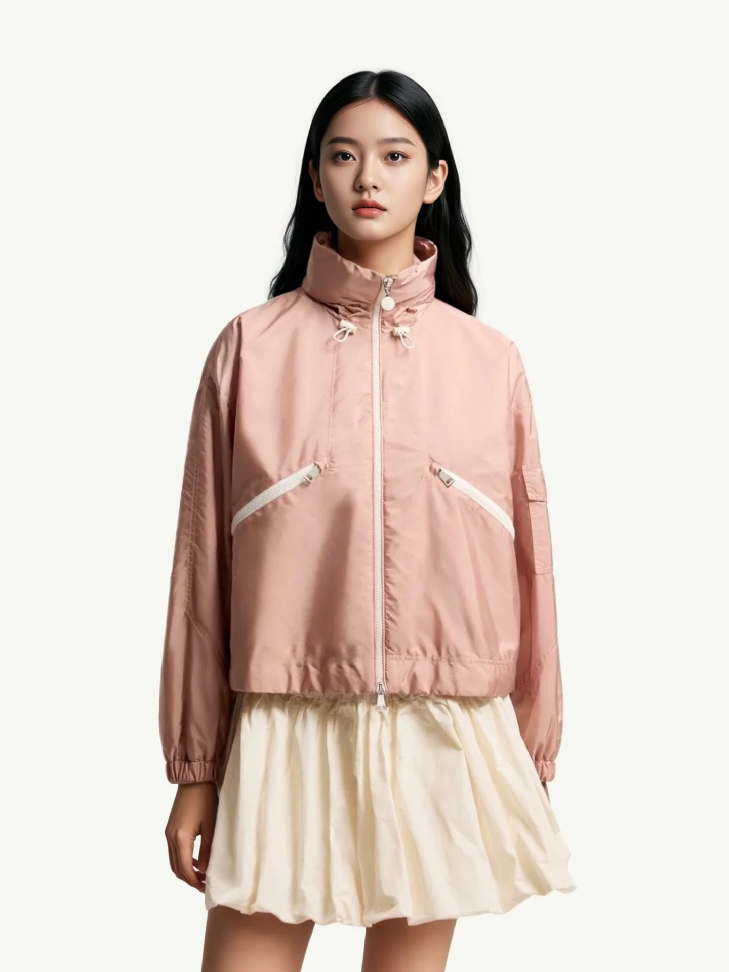 Casual Loose Fit Lightweight Short Sleeve Zipper Pocket Drawstring Closure Powder Yellow Women's Sun Protection Jacket