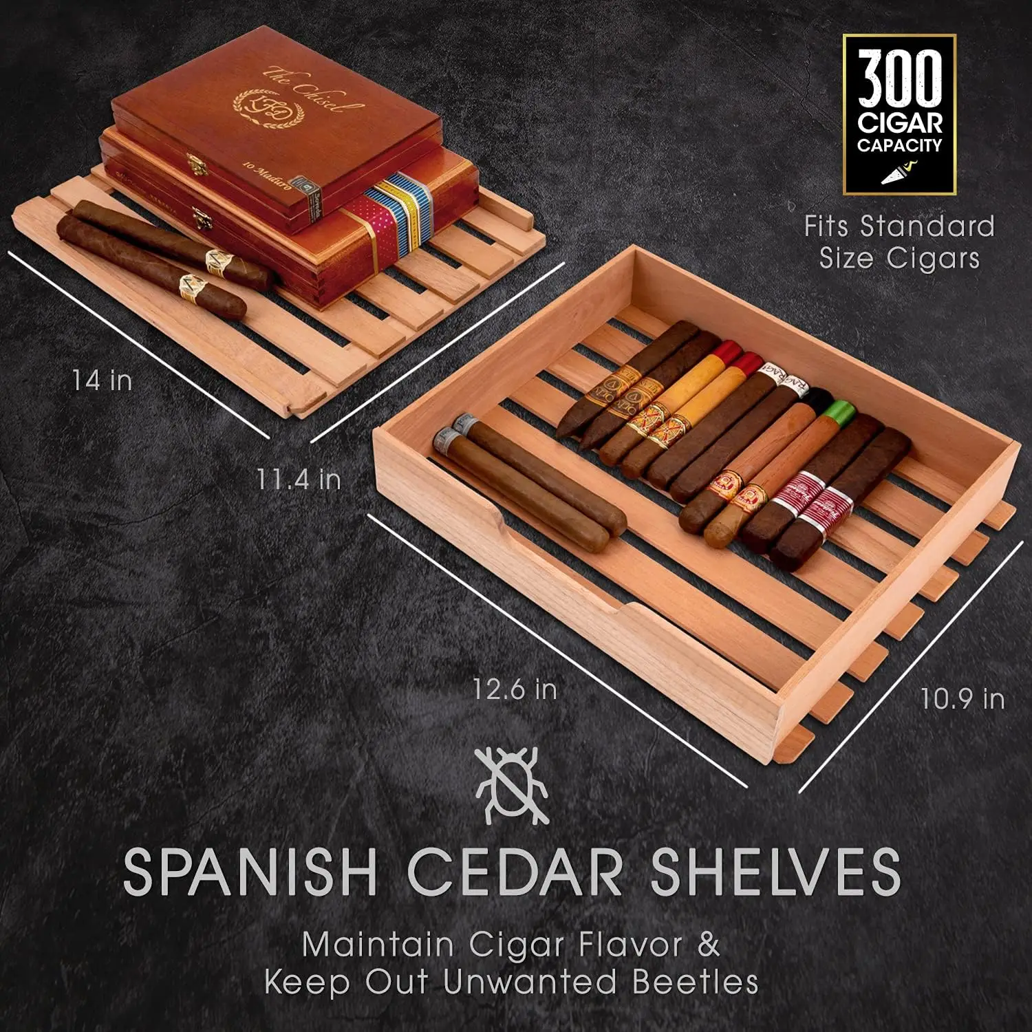 300 Cigar Cooler Humidor with 3 in 1 Precise Cooling, Heating & Humidity Control, Stainless Steel Trim Finish Cabinet, Spanish