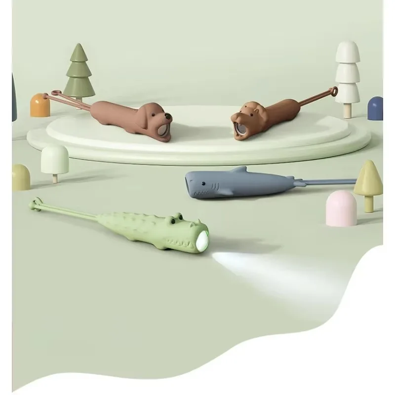 Cute Animal Flashlight Shark Dog Lion Portable Torch Light for Children USB Rechargeable Dimmable Silicone Handheld Lamp