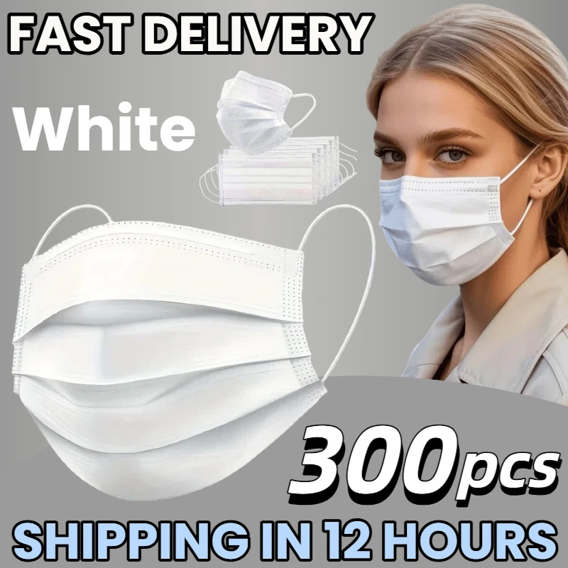 fast-delivery-300pcs-thick-white-disposable-masks-3-layer-breathable-and-comfortable-with-adjustable-ear-loops-and-secure-nose-pads-200-100-50-10-pieces-affordable-for-home-use-can-be-purchased-in-bulk-perfect-for-outdoor-activities-home-commuting-office-school-unisex