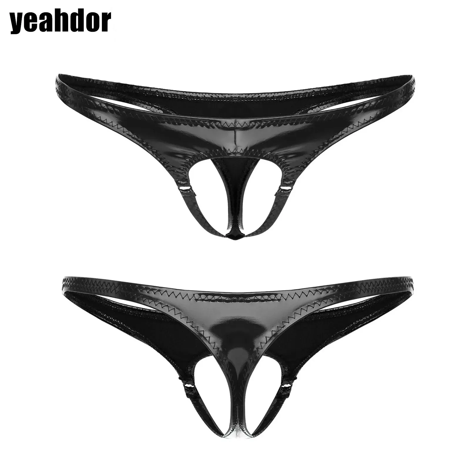 

Mens Hollow Out Front T-back Briefs Wet Look Patent Leather G-String Underwear Low Rise Elastic Waistband Underpants