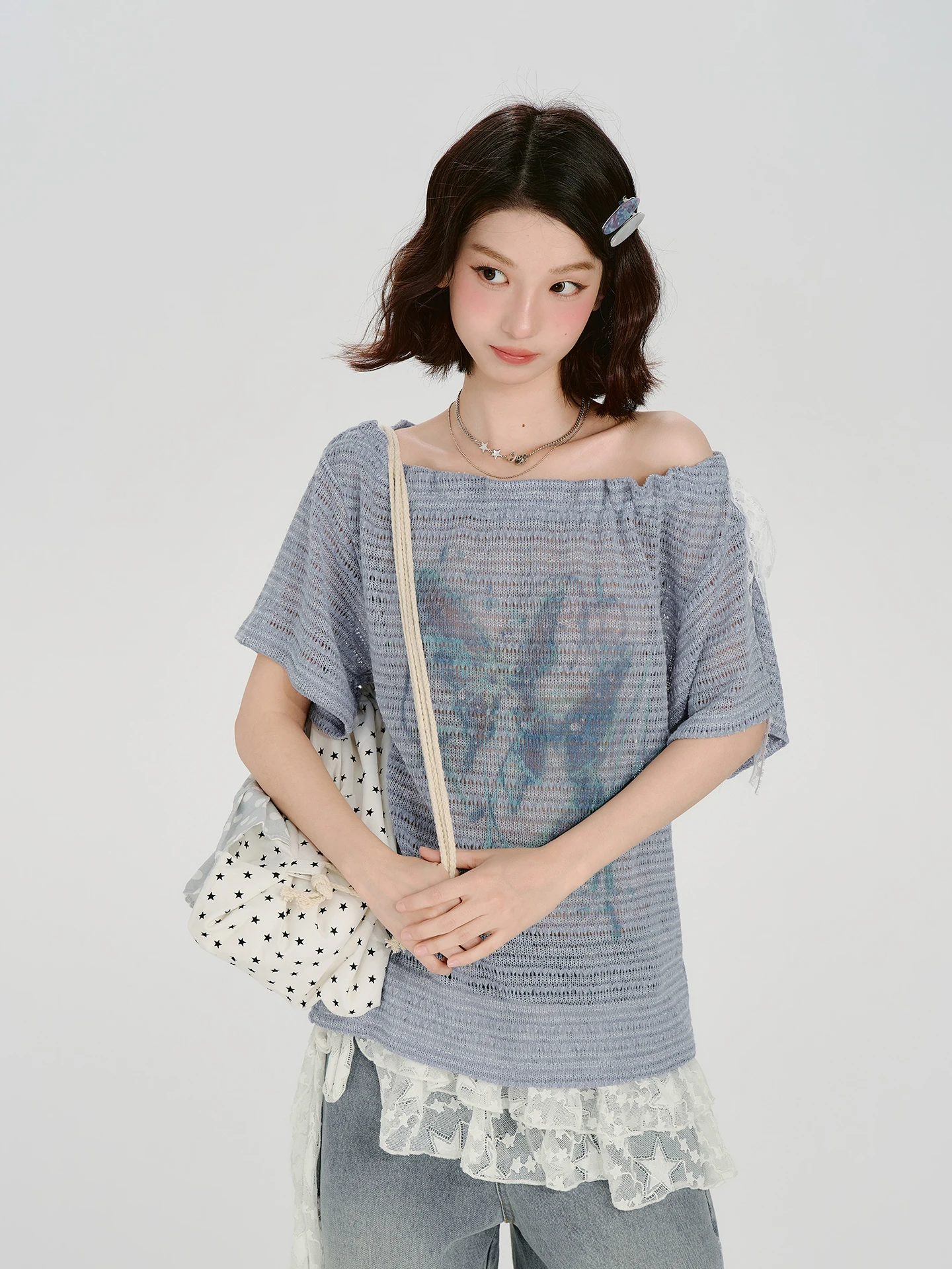 Girlyhalo American Retro Hollow Print Oblique Shoulder Short Sleeve T-Shirt Women Summer New Loose Knitted Top Casual Style