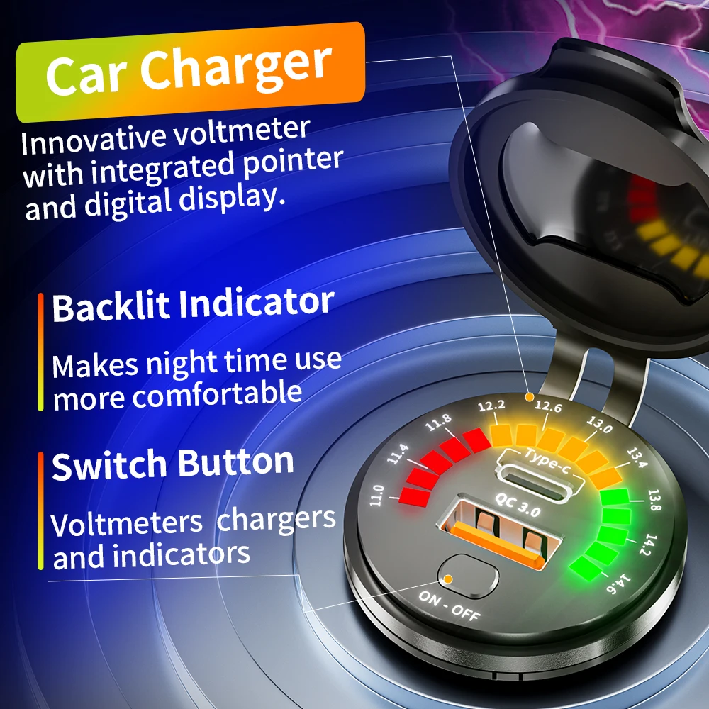 ZUNVMMS مقبس شاحن USB مزدوج مع الفولتميتر LED ON OFF التبديل QC3.0 نوع C مقاوم للماء منفذ USB شاحن سريع لسيارة 12 فولت/24 فولت