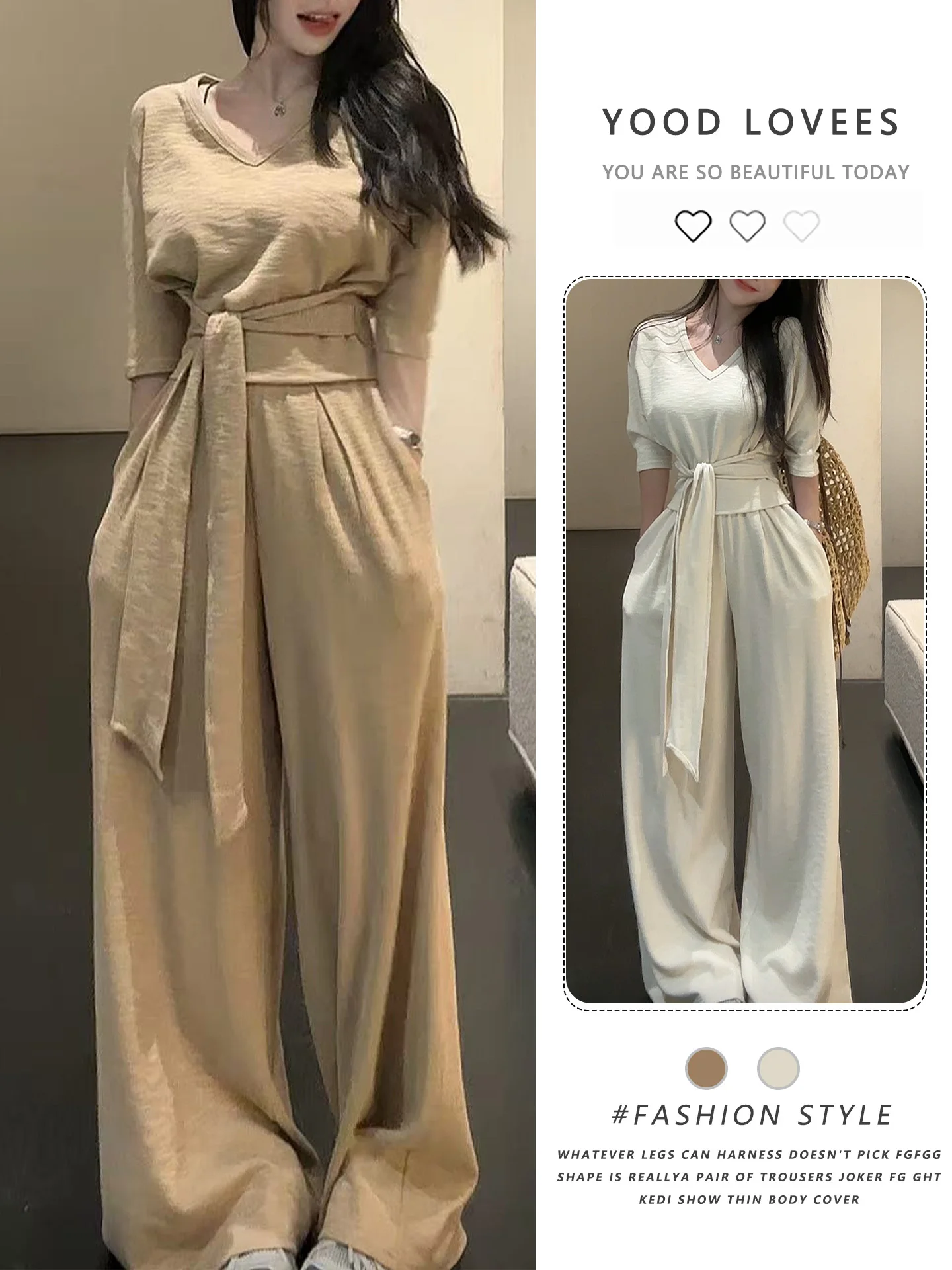 

Spring Autumn Korean Style V-Neck Tie Waist Wide Leg Pants Loose Slimming Two-Piece Set Women's Fashion Casual Outfit