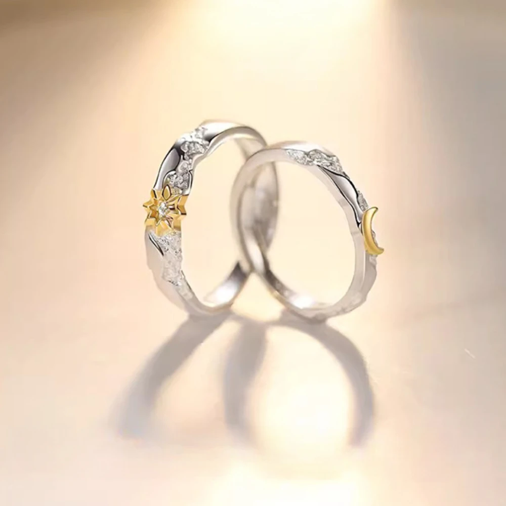 YILUOCD Sun Moon Open Couple Rings 18k Gold Plated Cubic Zirconia Matching Ring for Women Valentine Days Jewelry Love Gift