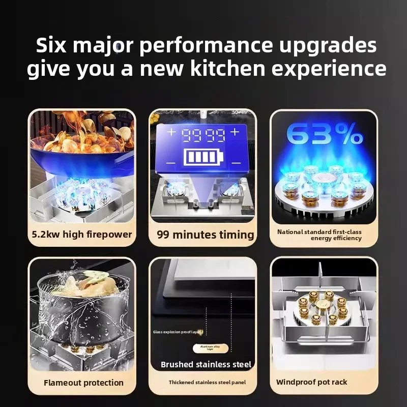 5.2KW Gas Stove Household Stainless Steel All-copper Gas Stove Double Stove with Double Nine Cavities with Timing
