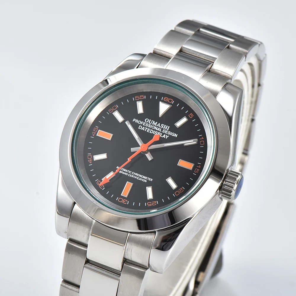 OUMASHI Men Automatic Mechanical Watch Green Crystal Orange Lightning Hand Luminous Dial Sport Business Male Wristwatch