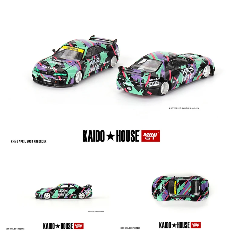 MINIGT KHMG129 1:64 Skyline GTR R33 HKS V1 เปิดHood Diecast DioramaรถKaido House