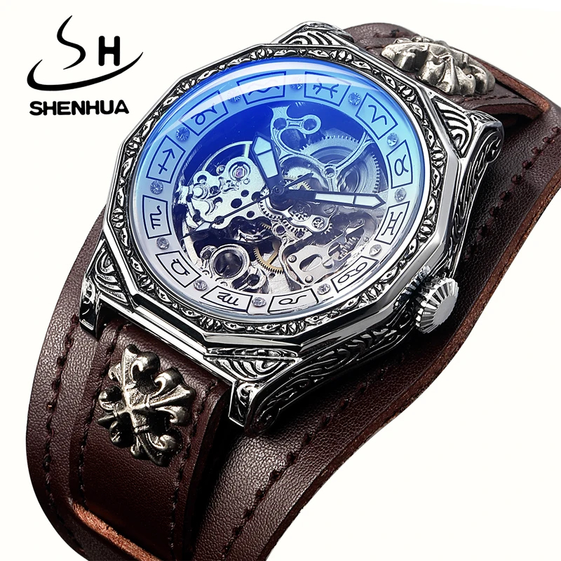 SHENHUA Luxury Steampunk Rock Style Wristwatch Retro Carving Man\'s Automatic Mechanical Watch Luxury Skeleton Waterproof Watch