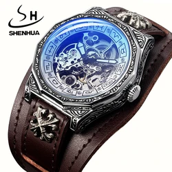 SHENHUA Luxury Steampunk Rock Style Wristwatch Retro Carving Man's Automatic Mechanical Watch Luxury Skeleton Waterproof Watch