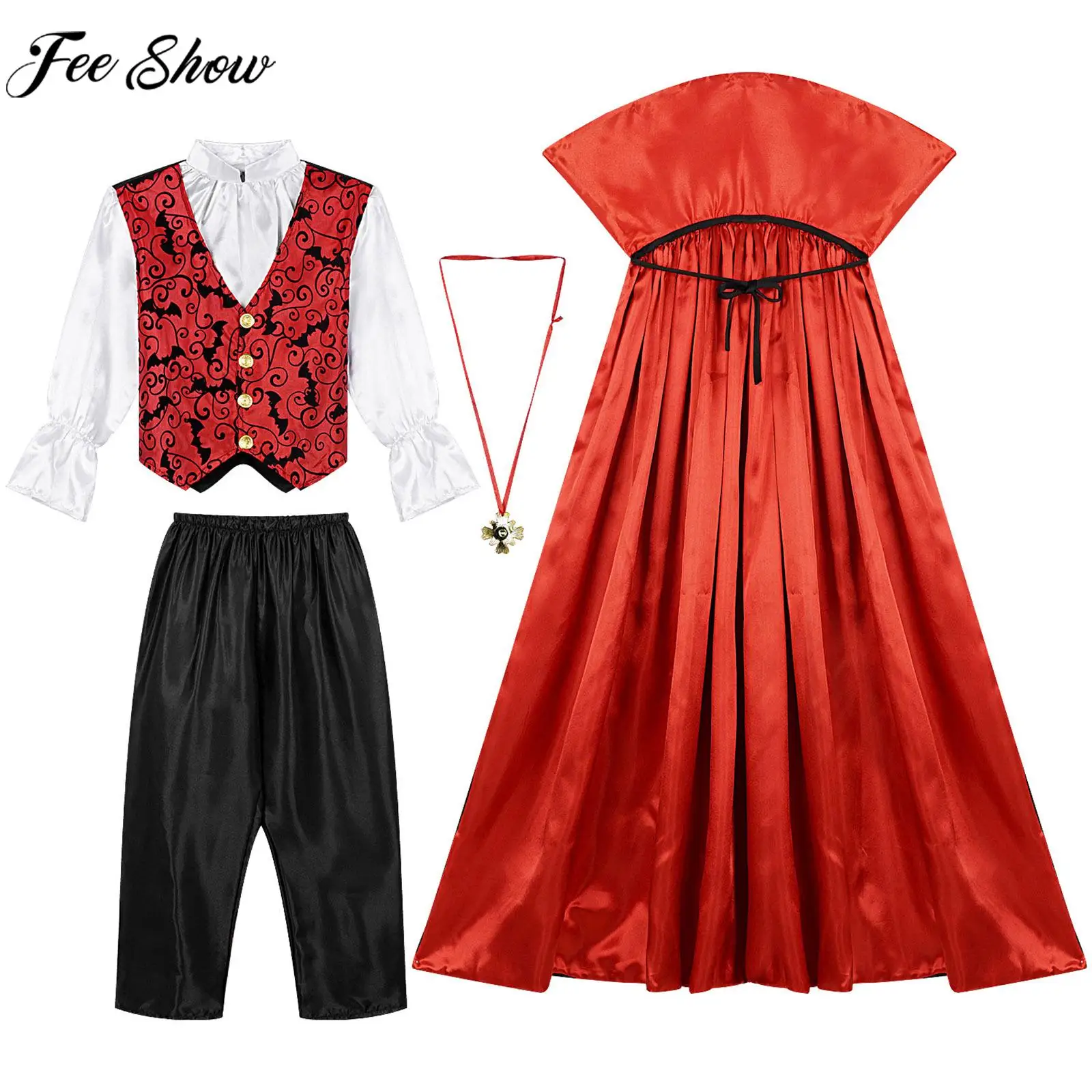 Boys Vampire Cosplay Costume Halloween Theme Party Masquerade Performance Outfits Fake Two Piece Tops with Pants Cloak Necklace