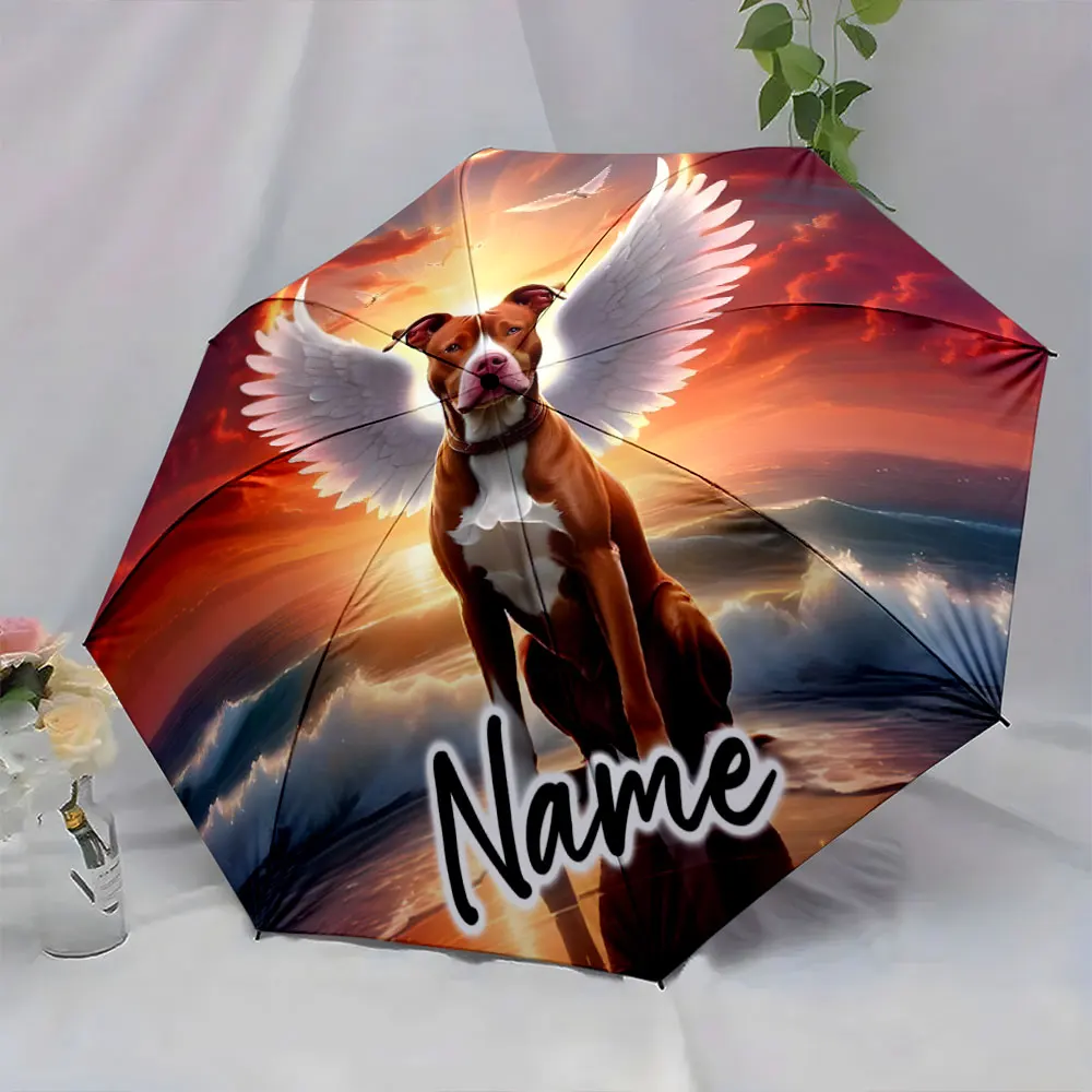Custom Name  Winged Dog Over Sunset Ocean on Umbrella Print 8 Iron Ribs Folding Umbrella Auto-Open Fashion Sunshade