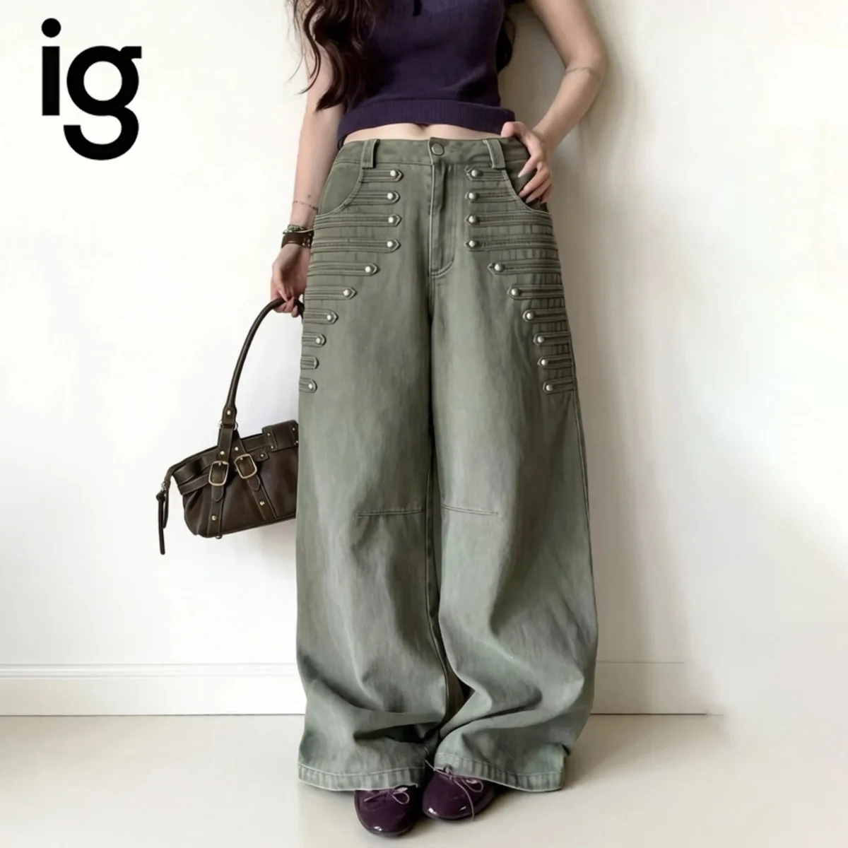 Women High Waist Wide Leg Pants, Multi‑Button Decor  Pleated Detail, Loose Baggy Trousers, Casual Streetwear Pants With Pockets